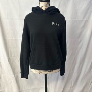 VS/PINK Sweatshirt Black w/Fleece Hood & Silver PINK logo Kangaroo pocket Sz M